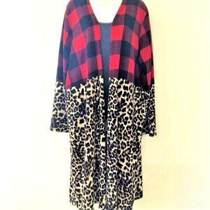 LEOPARD BUFFALO PLAID DUSTER CARDIGAN EUC